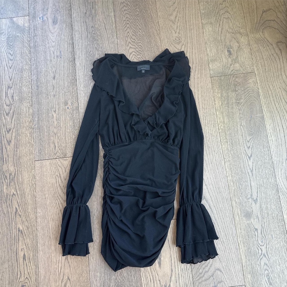 Michael Costello x REVOLVE || Mavis Mini Dress Sheer Ruffle Long Sleeve Black S